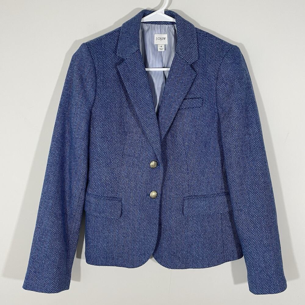 J. Crew Herringbone Schoolboy Blazer Jacket Womens Size 4 Blue Wool Blend Tweed